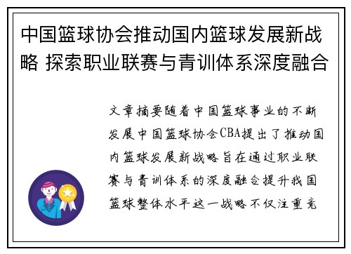 中国篮球协会推动国内篮球发展新战略 探索职业联赛与青训体系深度融合