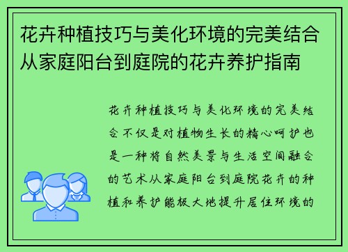花卉种植技巧与美化环境的完美结合从家庭阳台到庭院的花卉养护指南